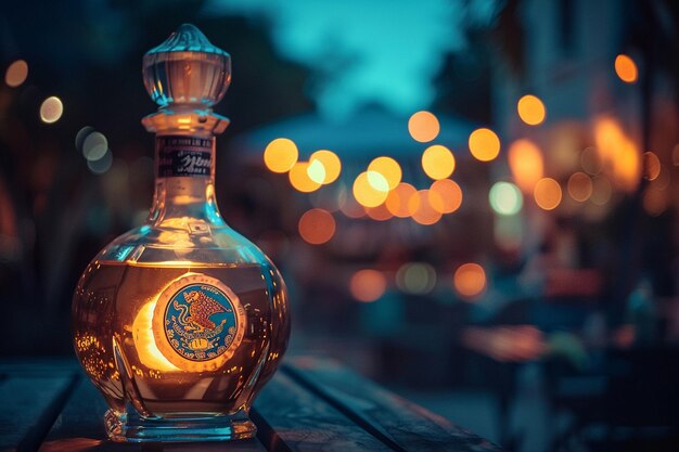 Butelka tequili z świecącą etykietą w ciemnym otoczeniu