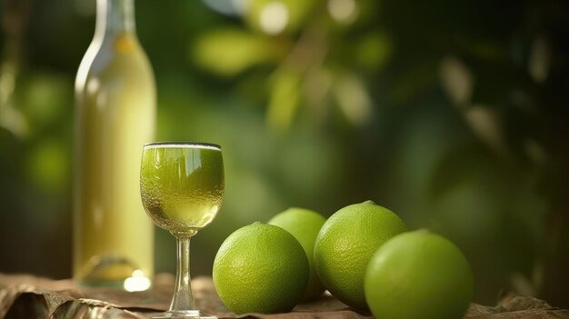 Butelka wina i butelka wina na stole z zielonymi liśćmi w tle