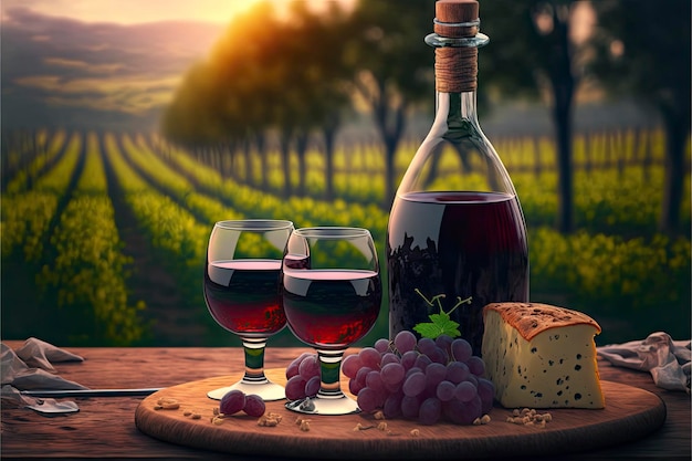 Butelka wina i dwie szklanki wina leżą na drewnianym stole przed winnicą.