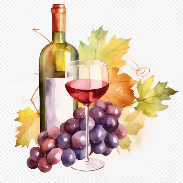 Butelka wina i kieliszek wina z kiścią winogron