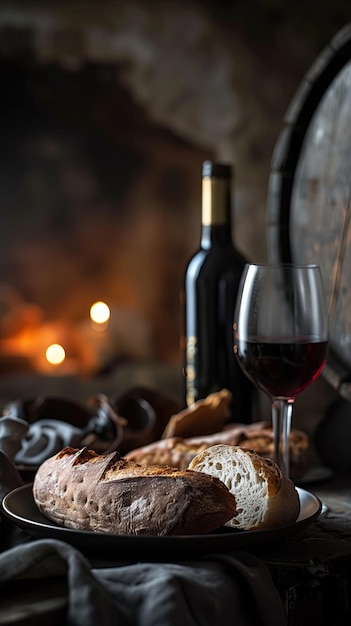 Butelka wina szklanka i świeży chleb na stole degustacja czerwonego wina w wysokiej rozdzielczości