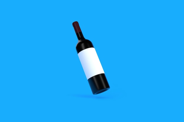 Butelka wina z białą etykietą unoszącą się na niebieskim tle Minimalna koncepcja renderowania 3D