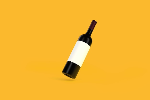 Butelka wina z białą etykietą unoszącą się na żółtym tle Minimalna ilustracja renderowania 3D koncepcji