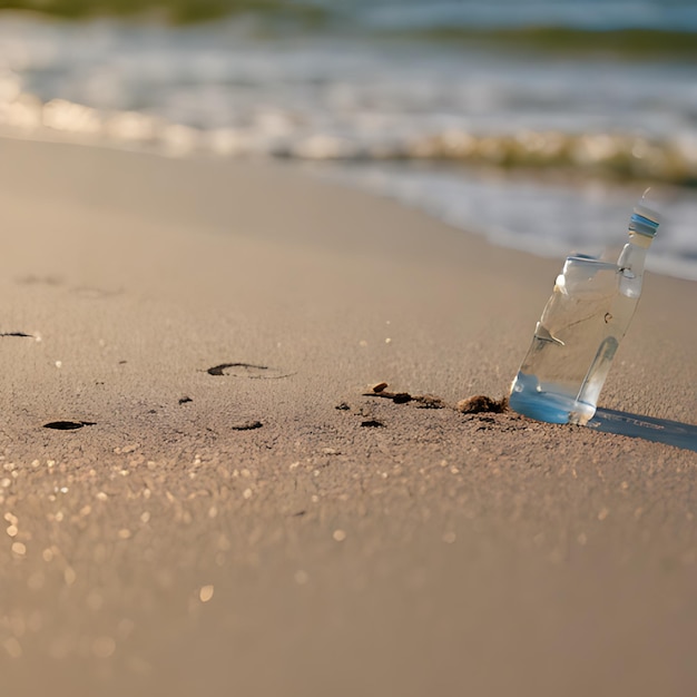 Zdjęcie butelka wody jest na plaży i jest na piasku