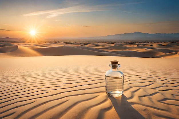 Butelka wody stoi na pustyni o zachodzie słońca.