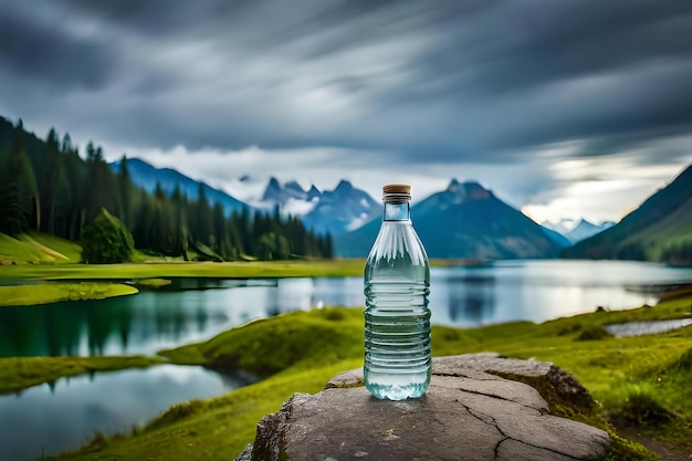 Butelka wody stoi na skale z widokiem na jezioro.
