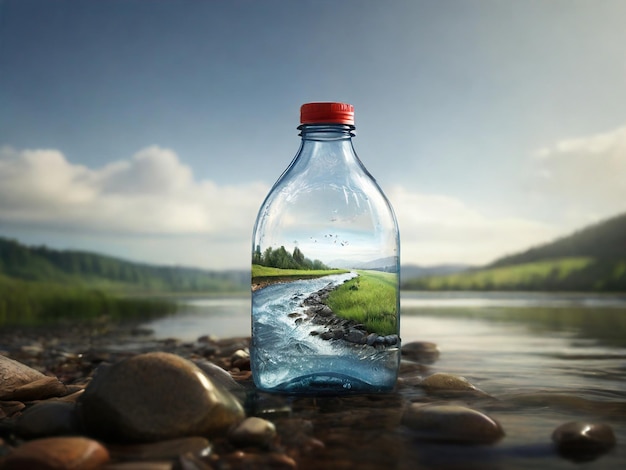 Butelka wody z obrazem rzeki