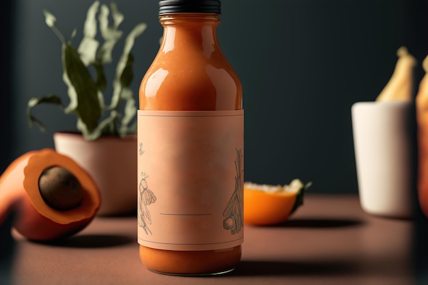Zdjęcie butelka z etykietą gorącego sosu na stole ilustracja generatywna ai