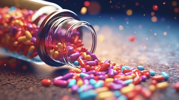 Butelka z lekarstwami rozlewająca kolorowe pigułki przedstawiające tło