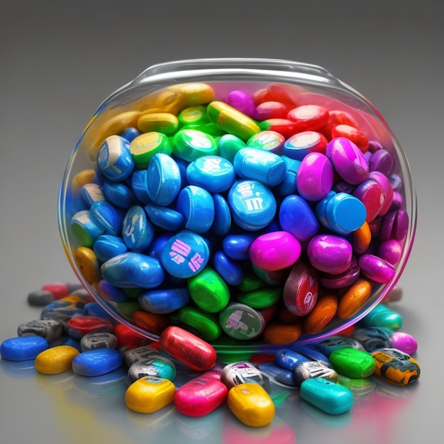 Butelka z lekarstwem rozlewająca kolorowe pigułki przedstawiające ryzyko uzależnienia generatywna sztuczna inteligencja