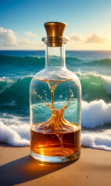 Butelka z magicznym eliksirem płynąca do oceanu Ciepły wieczór złoty zachód słońca Kreatywny projektant fantasy art