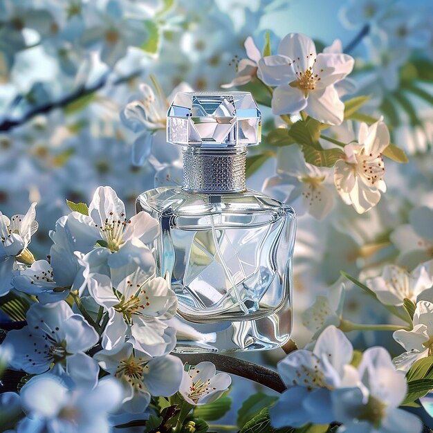Butelka z perfumami na tle białych kwiatów wiśni wygenerowanych przez sztuczną inteligencję
