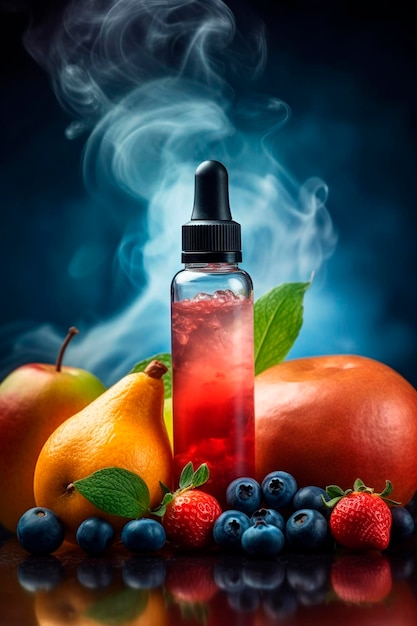 Zdjęcie butelka z płynem vaping aromatyzowany płyn bobry i owoce generatywna sztuczna inteligencja