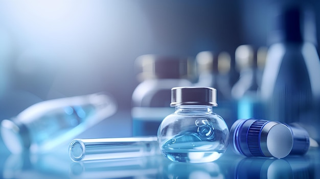 Butelka z płynem z niebieską zakrętką i niebieską etykietą z napisem „laboratorium”