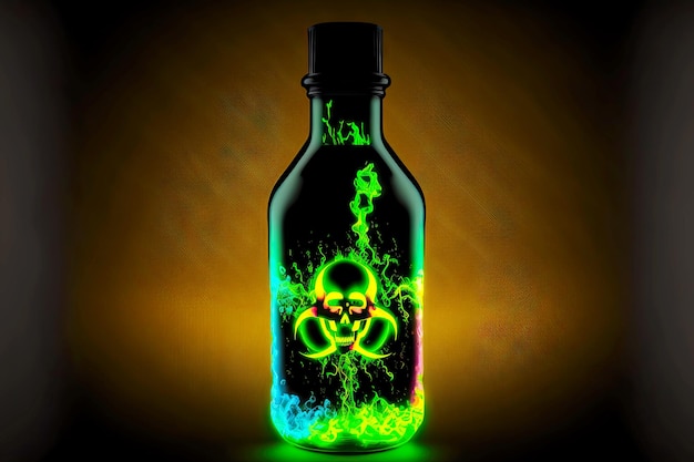 Zdjęcie butelka z toksycznym jasnym neonowym płynem reprezentującym zagrożenie promieniowaniem