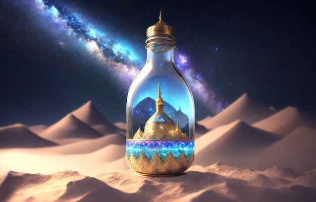 Butelka z wizerunkiem góry i niebieską kopułą w środku.