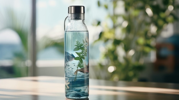 Butelka z wodą i rośliną w środku