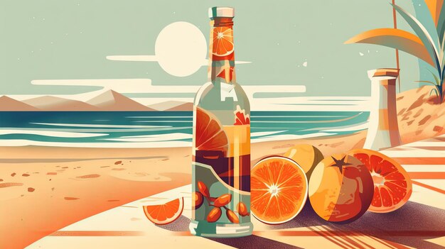 Butelka z wodą owocową lub alkoholem na piasku plaży Scena na wakacjach z butelką lemoniady na linii brzegowej Generacyjna sztuczna inteligencja