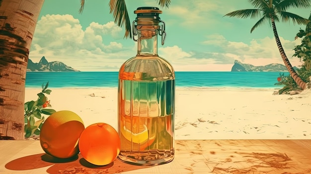 Butelka z wodą owocową lub alkoholem na piasku plaży Scena na wakacjach z butelką lemoniady na linii brzegowej Generacyjna sztuczna inteligencja