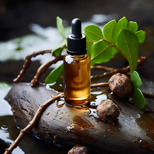 Butelka z zakraplaczem w stylu makieta szablon pojemnika na olej serum kosmetyczne na tle botanicznym z drewnem