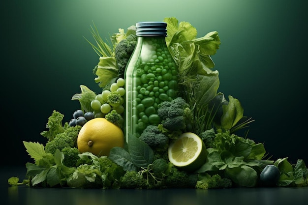 Zdjęcie butelka z zielonym sokiem z świeżym zieleniem