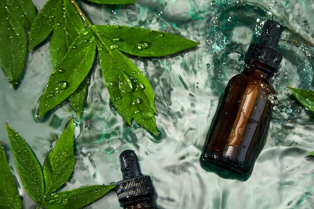 Butelka z ziołowym olejkiem z serum i reklama kosmetyczna prosta i naturalna koncepcja pielęgnacji skóry