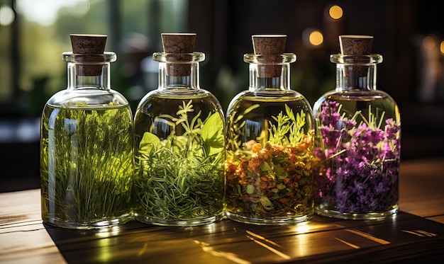 Butelki aromaterapijne z ziołami i olejem na drewnianym stole