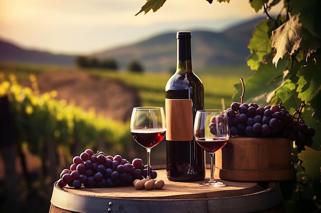 Butelki i kieliszki do wina z winogronami i beczkami w tle Generatywna AI
