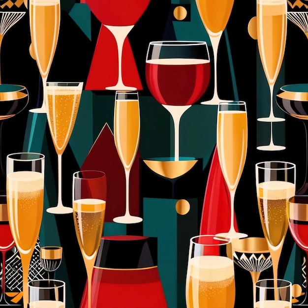 Butelki i kieliszki szampana i wina w środowisku imprezowym retro vintage art deco