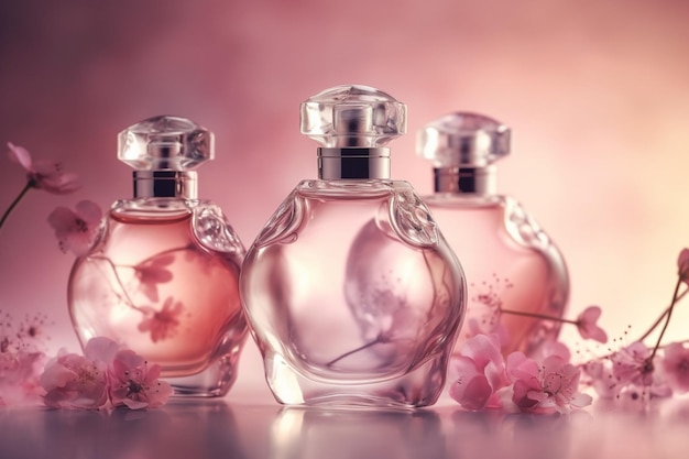 Butelki perfum z różowymi kwiatami na różowym tle