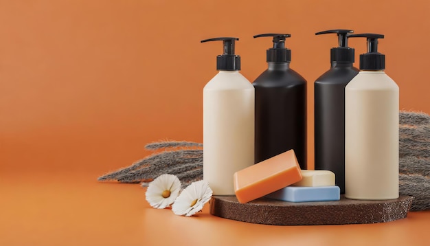 Butelki szamponu i mydła na pomarańczowym tle z przestrzenią do kopiowania