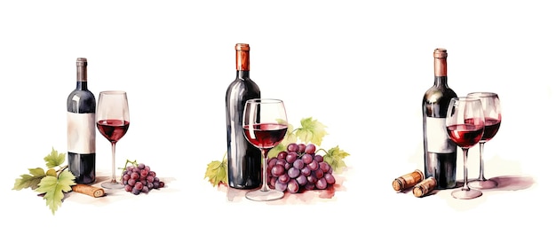 Butelki wina i kieliszki na napoje a generowane akwarele