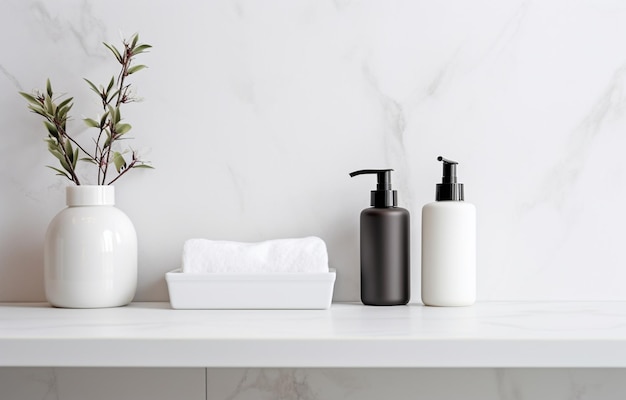 Butelki z mydłem i szamponem na półce z białym marmurowym zlewem w łazience