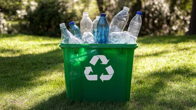 Butelki z tworzyw sztucznych w zielonym koszu do recyklingu Koncepcja recyklingu i ochrony środowiska