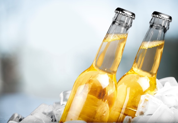 Butelki zimnego i świeżego piwa z lodem na białym tle