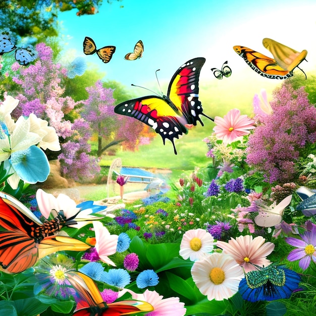 Butterfly Garden 3D scena z kolorowymi motylami latającymi po ogrodzie wypełnionym kwitnieniem