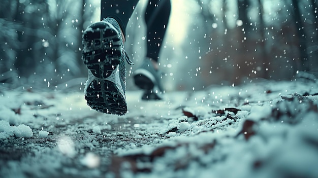 Zdjęcie buty biegaczy na śnieżnej ścieżce odzwierciedlają istotę treningu w zimnej pogodzie