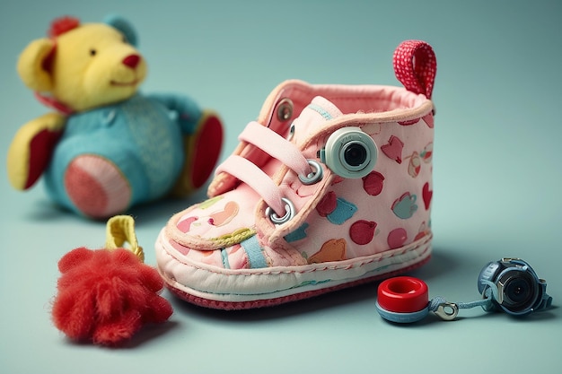 Zdjęcie buty dla dzieci i kamera zabawkowa