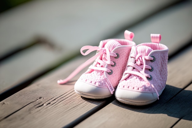 Buty dla dziewczynki w kolorze różowym na drewnianej podłodze na świeżym powietrzu