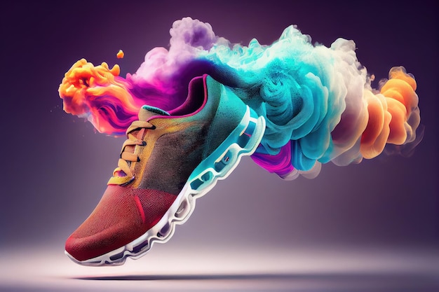 Buty sportowe z magicznym kolorowym dymem latającym nad chmurami