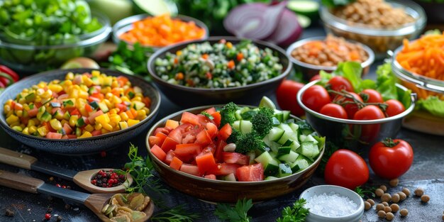 Zdjęcie bvarious fresh vegetables and spices on a dark background