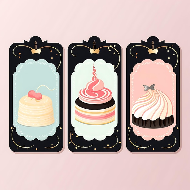 Zdjęcie cake shop tag card craft paper swirl pattern oval frame board 2d card design kreatywna ilustracja