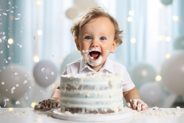 Cake Smash party Mały urodziny chłopiec z pierwszym ciastem Szczęśliwy niemowlę świętujący pierwsze urodziny Dekoracja strefy zdjęć pierwszego roku Święto jednego roku dziecka