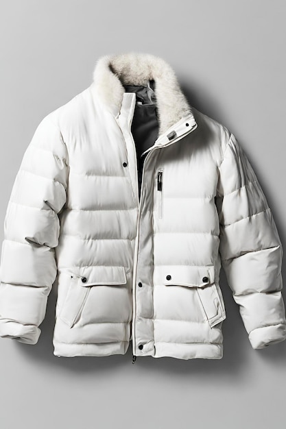 Cała biała kurtka zimowa wyświetlana na białym tle i cieniu kurtki w wysokiej rozdzielczości