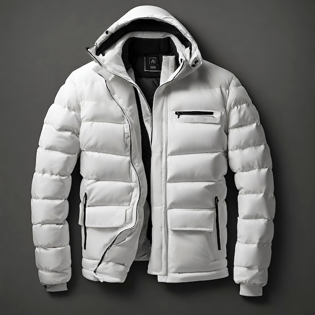 Cała biała kurtka zimowa wyświetlana na czarnym tle i cieniu kurtki w wysokiej rozdzielczości