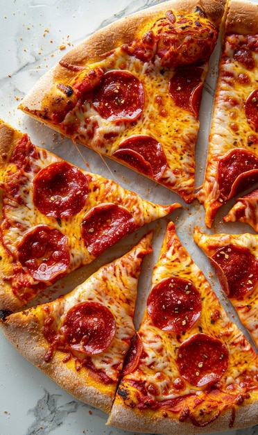 Cała pizza z pepperoni na marmurowym tle