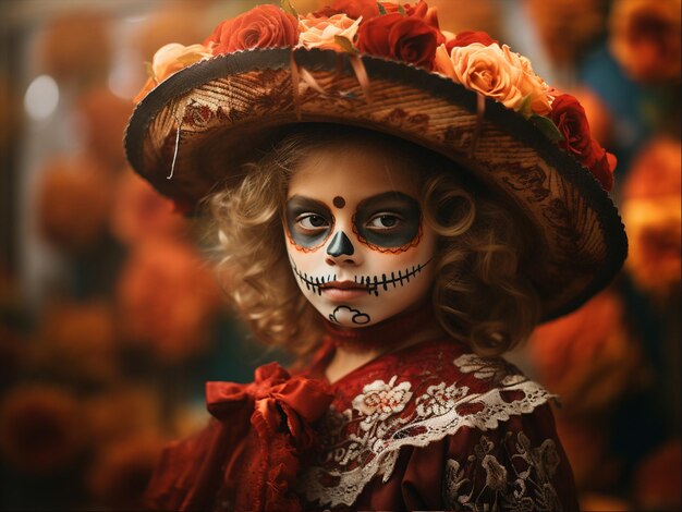 Calavera Catrina Portret dziecka z makijażem cukrowej czaszki Kostium na Halloween