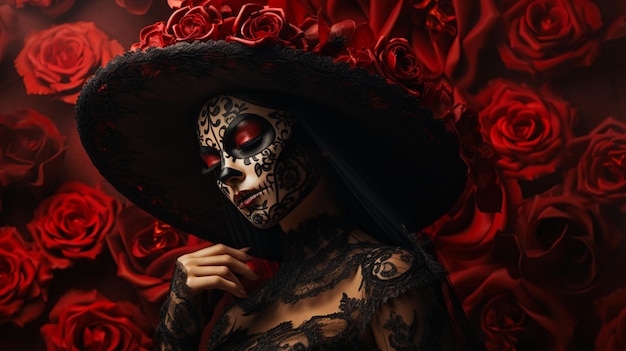 Calavera Catrina Portret kobiety z makijażem czaszki cukru na czerwonym tle Kostium na Halloween