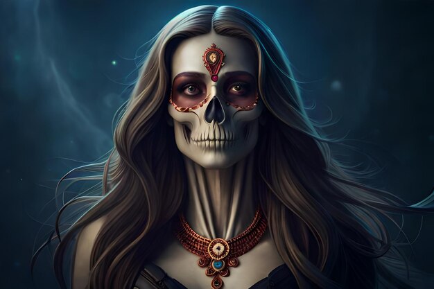 Calavera Catrina trzymając czaszkę nad ciemnością przerażająca