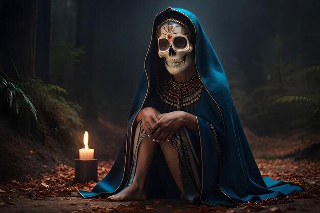 Calavera Catrina trzymając czaszkę nad ciemnością przerażająca